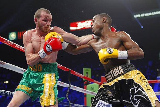 Patrick Hyland (L) of Ireland battles it out with Javier Fortuna of the Dominican Republic during their WBA interim featherweight fight at the MGM Grand Garden Arena in Las Vegas, Nevada December 8, 2012.