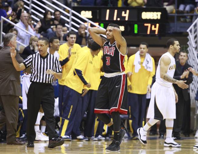 UNLV guard Anthony Marshall grabs his head after folding Cal late in the second half of their game Sunday, Dec. 9, 2012 at Haas Pavilion in Berkeley, Calif. UNLV won 76-75.