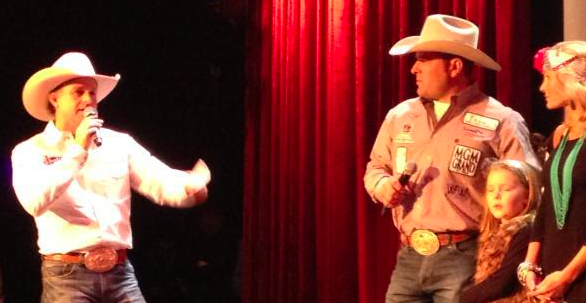 Cody Ohl, Hico, Tex., is recognized Saturday night on stage after finishing first in tie-down roping in the third go-round of action at the Wrangler National Finals Rodeo in Las Vegas. 