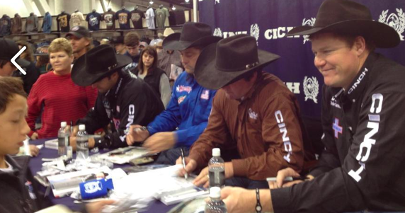 Steer wrestlers Luke Branquinho, Jason Miller, Sean Mulligan and Jake Rinehart sign autographs Sunday morning in the Boot Barn in the Las Vegas Convention Center as Day 4 of the 10-day Wrangler National Finals Rodeo continues.