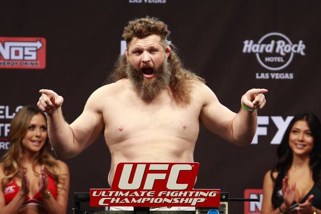 Roy Nelson points to the crowd during weigh-ins for the Season 16 finale of "The Ultimate Fighter" Friday, Dec. 14, 2012, at the Joint in the Hard Rock Hotel.