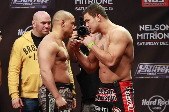 Pat Barry, left, and Shane Del Rosario face off during weigh-ins for the Season 16 finale of "The Ultimate Fighter" Friday, Dec. 14, 2012, at the Joint in the Hard Rock Hotel.