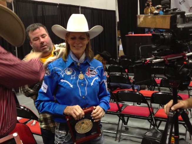 Mary Walker gets ready to talk about being named World Champion in barrel racing Saturday night at the Wrangler National Finals Rodeo in Las Vegas.