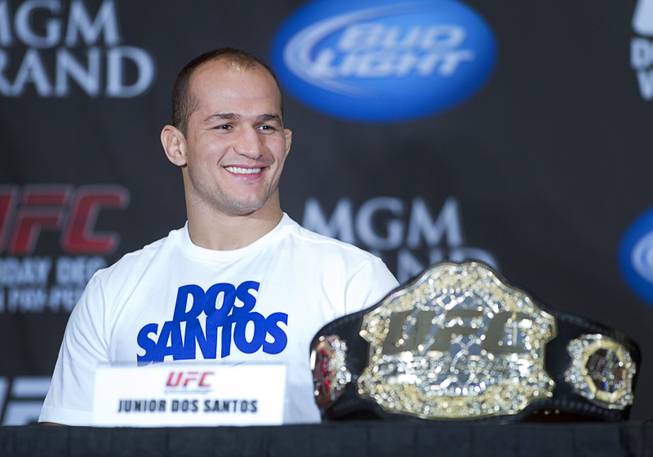 UFC heavyweight champion Junior Dos Santos of Brazil Cain Velasquez of San Jose, Calif. during a news conference at the MGM Grand Thursday, Dec. 27, 2012. Dos Santos will defend the title against Cain Velasquez of San Jose, Calif. during UFC155 at the MGM Grand Garden Arena Saturday .