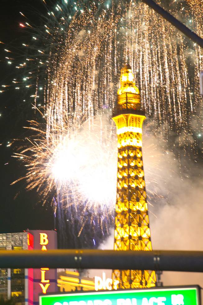 Fireworks fill the sky during the midnight New Year's Eve celebration on The Strip, Monday, Dec. 31, 2012.