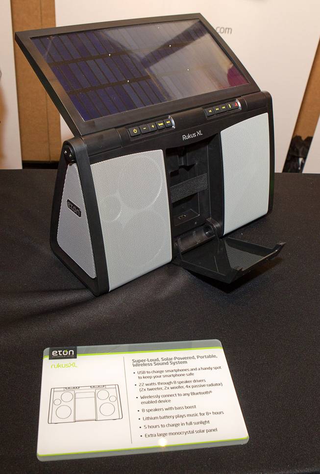 An Eton RukusXL solar powered boom box is displayed at the opening press event of the 2013 International CES at the Mandalay Bay Convention Center Sunday, January 6, 2013. The portable speaker system can play for about 8 hours and recharges in 5 hours.