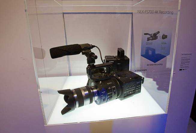 A Sony NEX-FS700 camcorder is displayed during a Sony news conference at the 2013 International CES in the Las Vegas Convention Center Monday, January 7, 2013. The camera will be able to record in 4K after a firmware upgrade expected this summer, a representative said.
