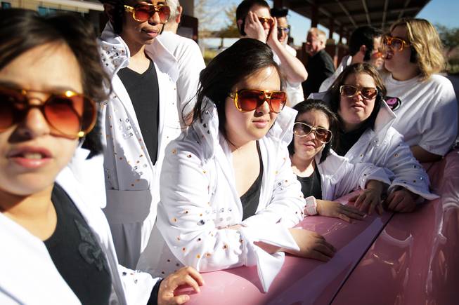 Members of the OV Elvi dance troupe pose for photos during a celebration of Elvis Presley's birthday at Opportunity Village Engelstad Campus in Las Vegas on Tuesday, January 8, 2013.