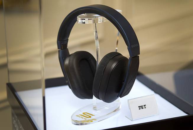Jet headphones Soul Electronics are displayed during a news conference to promote the Tim Tebow Signature Series headphone line at the 2013 International CES Thursday, Jan. 10, 2013.