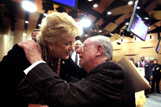 Mayor Carolyn Goodman gets a kiss from her husband Oscar Goodman after delivering the State of the City address at Las Vegas City Hall on Thursday, January 10, 2013.