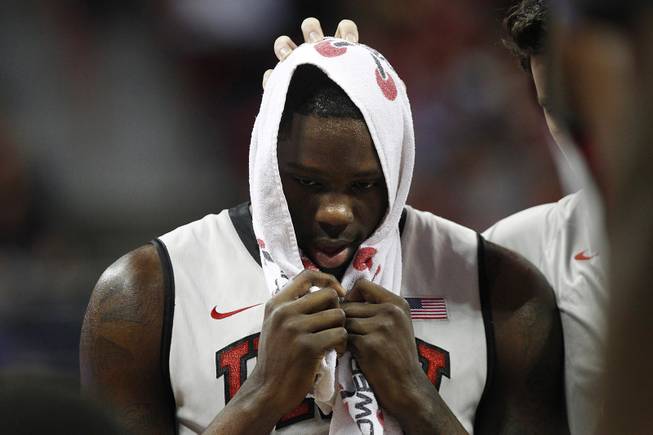 UNLV forward Anthony Bennett holds a towel on his head during a time out in their game against Air Force Saturday, Jan. 12, 2013 at the Thomas & Mack. UNLV won in overtime, 76-71.