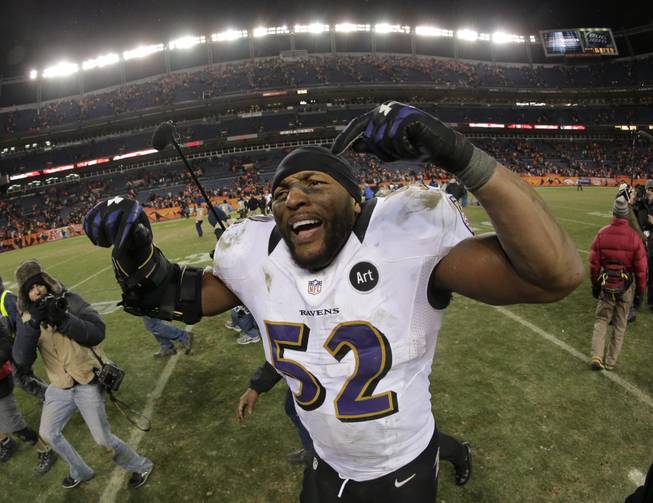 Baltimore Ravens inside linebacker Ray Lewis celebrates after the Ravens beat the Denver Broncos 38-35 in overtime of an AFC divisional playoff NFL football game, Saturday, Jan. 12, 2013, in Denver.