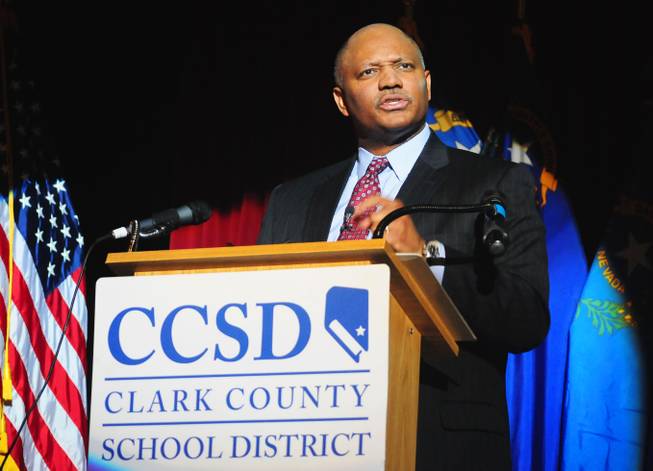 Clark County Schools Superintendent Dwight Jones delivers his second annual "State of the District" address on Monday, Jan. 14, 2013, at Western High School. Jones unveiled a new online "Open Book" portal, which makes the district's financial information public, and touted the district's academic gains last school year.