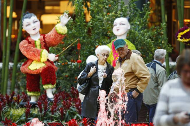 Tourists visit the Bellagio Conservatory & Gardens Chinese New Year display Tuesday, Jan. 15, 2013.