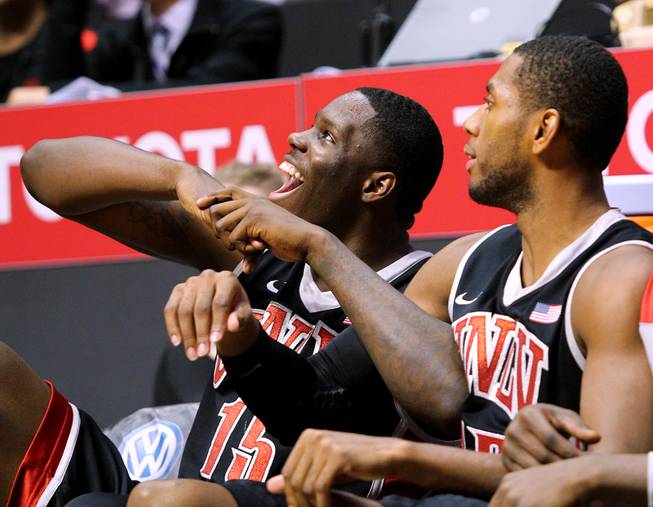 UNLV forwards Anthony Bennett and Mike Moser watch during the final minutes as the Rebels pull away from San Diego State during their game Wednesday, Jan. 16, 2013 at Viejas Arena in San Diego. UNLV upset SDSU 82-75.