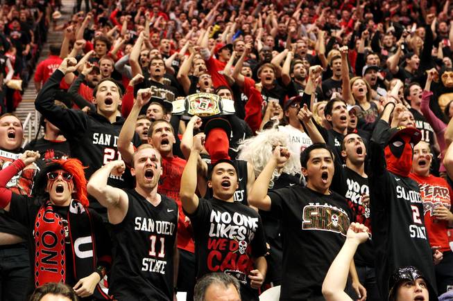 The San Diego State student section chants during the Aztecs' game against UNLV on Wednesday, Jan. 16, 2013, at Viejas Arena in San Diego. UNLV upset SDSU 82-75.