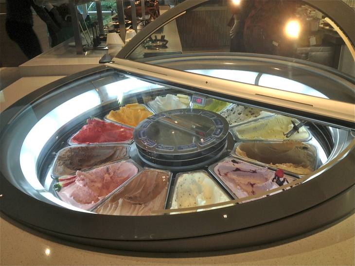 A gelato wheel spins, allowing diners to pick their flavor at the Aria Buffet after renovations on Jan. 11, 2013.