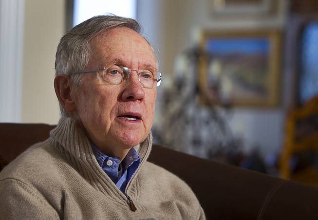 Senate Majority Leader Harry Reid (D-NV) responds to questions during an interview with reporters at his home in Searchlight, Nev. Thursday, January 17, 2013.