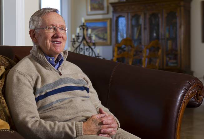Senate Majority Leader Harry Reid (D-NV) responds to questions during an interview with reporters at his home in Searchlight, Nev. Thursday, January 17, 2013.