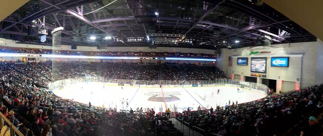 A panoramic image of the Orleans Arena as the Wranglers hosted the Colorado Eagles on Saturday night before a crowd of 6,519.