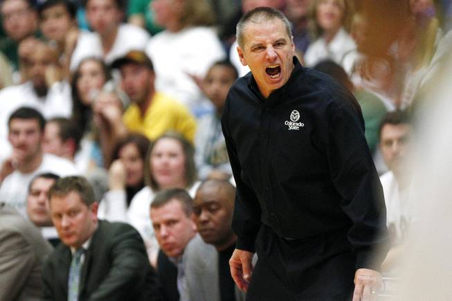 Colorado State coach Larry Eustachy yells an an official after a call during the Rams' game against UNLV on Saturday, Jan. 19, 2013, at Moby Arena in Fort Collins, Colo. Colorado State won the game 66-61.