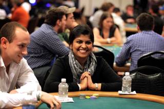 Rajashree Todmal of Carnegie Mellon University plays poker during the MBA Poker Championship and Recruitment Weekend at Planet Hollywood in Las Vegas on Saturday, January 19, 2013.