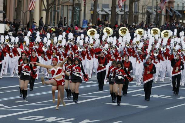 The Miami University, Ohio, Marching Band marching band performs during President Barack Obama's inaugural parade after his ceremonial swearing-in ceremony during the 57th Presidential Inauguration. 