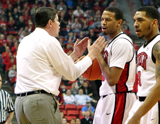 UNLV head coach Dave Rice yells at guard Bryce Dejean-Jones after an ill-advised shot attempt against Wyoming  Thursday, Jan. 24, 2013 at the Thomas & Mack Center. UNLV won 62-50.