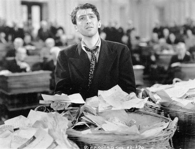 This undated black-and-white file photo provided by Columbia shows James Stewart in a scene from the movie: "Mr. Smith Goes to Washington."  The Senate has more filibusters than ever these days. But you'd hardly know it by watching the chamber on C-SPAN. Filibusters are procedural delays that outnumber lawmakers, used to try killing bills and nominations. They seldom look like the exhausted talkathon waged by the devoted senator portrayed by Stewart.