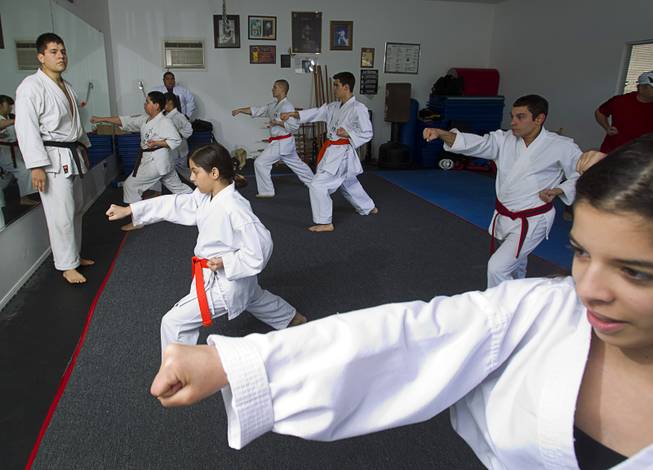 Shorin-ryu karate instructor Andy Dowdell, a fifth degree black belt, watches students during a class at his home Sunday, Jan. 27, 2013.