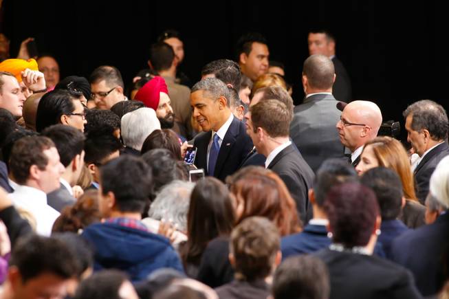 President Obama shakes hands with supporters after speaking at Del Sol High School, Tuesday. Jan. 29, 2013.