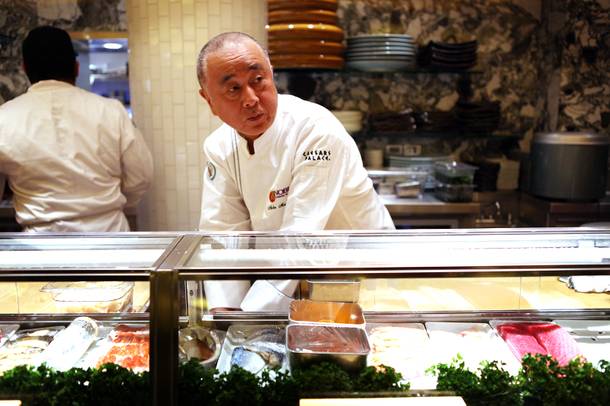 Chef Nobu Matsuhisa prepares fresh fish for sushi at the new Nobu Restaurant at Caesars Palace in Las Vegas on Friday, February 1, 2013.