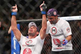 Rogerio Nogueira celebrates his win over Rashad Evans after their fight at UFC 156 Saturday, Feb. 2, 2013 at the Mandalay Bay Events Center. Nogueira won by decision.