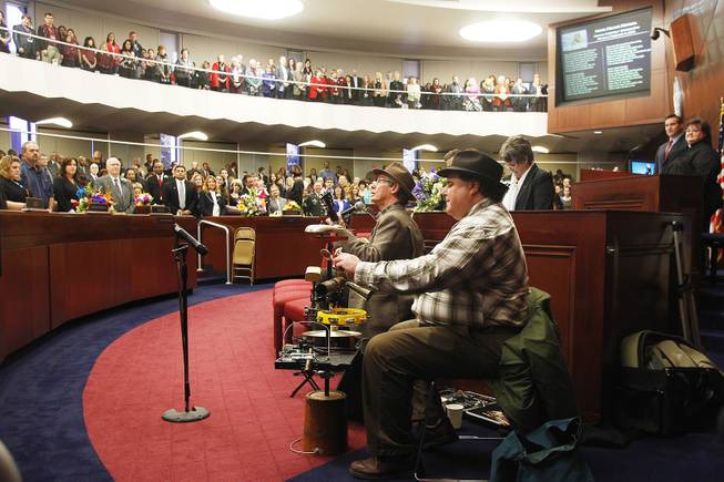 C.W. and Mr. Spoons perform "Home Means Nevada" on the first day of the 2013 legislative session Monday, Feb. 4, 2013 in Carson City.