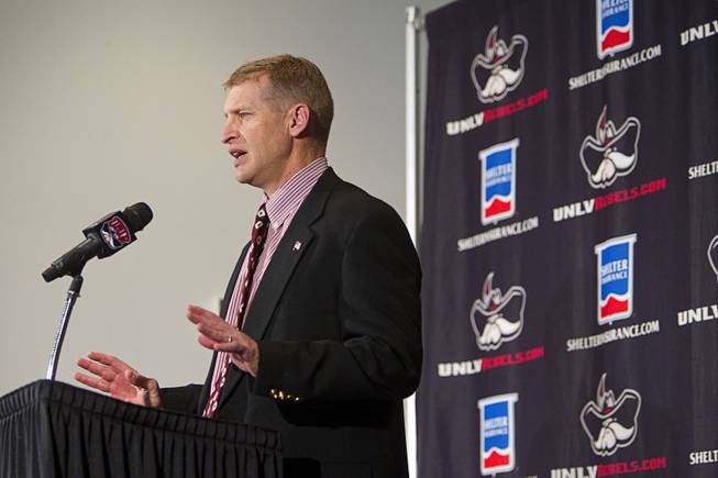 UNLV football coach Bobby Hauck, announces the Rebels' 2013 recruiting class during a news conference at the Thomas & Mack Center Wednesday, February 6, 2013.
