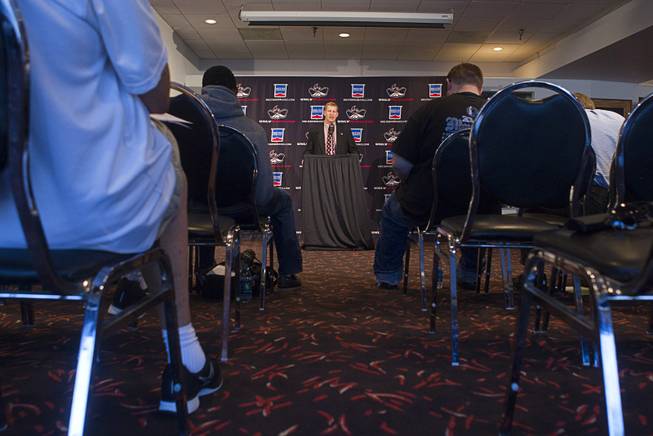 UNLV football coach Bobby Hauck, announces the Rebels' 2013 recruiting class during a news conference at the Thomas & Mack Center Wednesday, February 6, 2013.