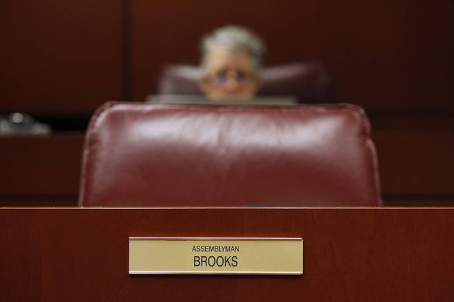 Assemblyman Steven Brooks chair sits empty after he left a meeting of the Health and Human Services Committee on the third day of the 2013 legislative session Wednesday, Feb. 6, 2013 in Carson City.