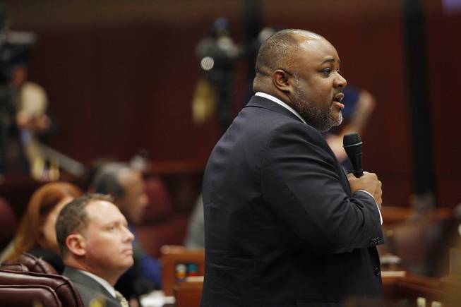 Assemblyman Jason Frierson addresses a bill to allow lawmakers to voluntarily take a pay cut during the third day of the 2013 legislative session Wednesday, Feb. 6, 2013 in Carson City.