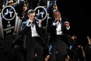 Justin Timberlake and Jay-Z perform at the 55th Annual Grammy Awards in L.A. on Sunday, Feb. 10, 2013.