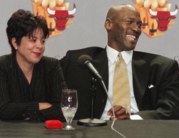Michael and Juanita Jordan during a press conference when Jordan announced his retirement from the Chicago Bulls basketball team.