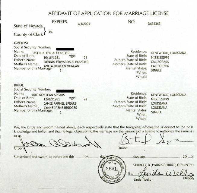 A copy of an Affidavit of Application for Marriage License that was filed at the Clark County Marriage Bureau by pop singer Britney Spears and Jason Alexander, January 3, 2004.