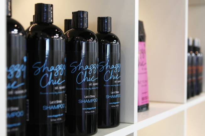 A custom line of grooming products is seen on display at Shaggy Chic, Feb. 13, 2013.