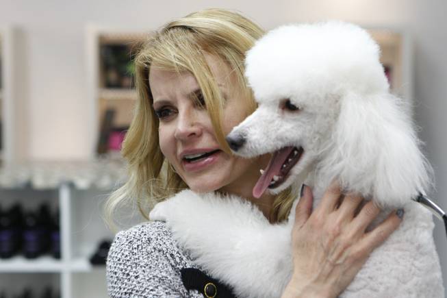 Owner Kelly Petersen gives Mojo, a miniature poodle, a hug at Shaggy Chic, Feb. 13, 2013.
