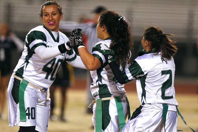 Palo Verde players celebrate a play against Silverado during the district championship for flag football Wednesday, Feb. 13, 2013. Palo Verde won the game 7-6.
