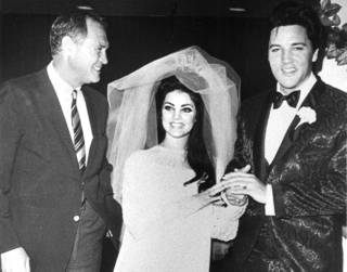 Las Vegas Sun founder Hank Greenspun with Priscilla and Elvis Presley at their wedding May 1, 1967, at the Aladdin Hotel in Las Vegas.