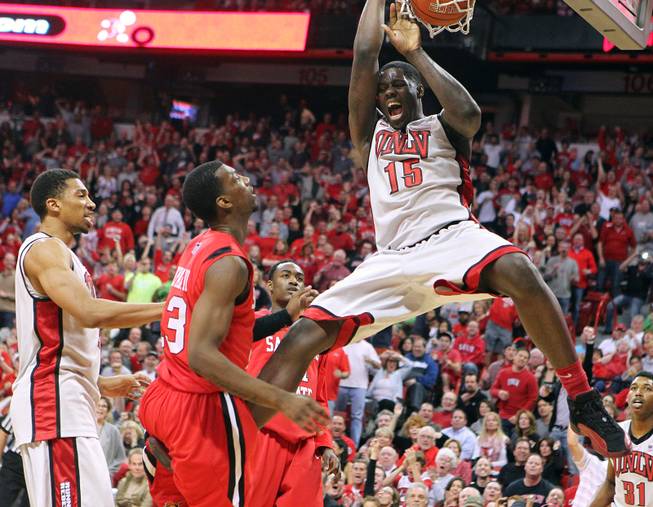 UNLV forward Anthony Bennett dunks on San Diego State during their game Saturday, Feb. 16, 2013. UNLV won the game 72-70 to sweep the regular season series.