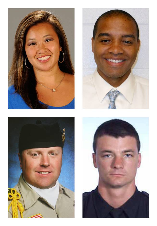 This combination of photos shows, clockwise from top row left, NCCA college basketball coach Monica Quan, USC Department of Public Safety Officer Keith Lawrence, Riverside Police Department Officer Michael Crain and San Bernardino Sheriff's Deputy Jeremiah MacKay, who were killed by former Los Angeles Police Department officer Christopher Dorner.