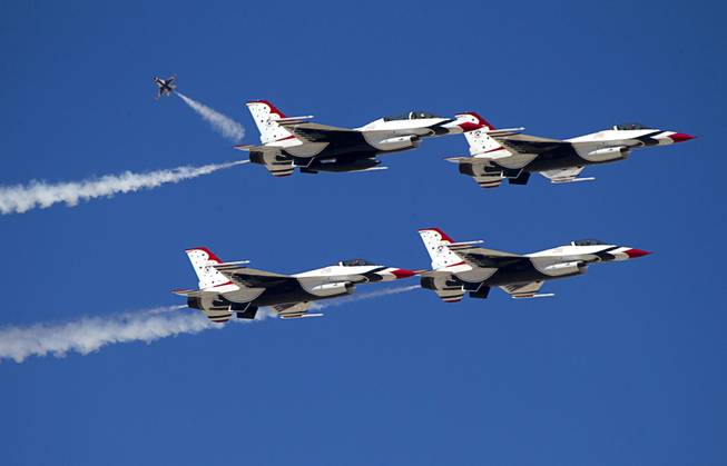 Members of the Thunderbirds, the U.S. Air Force Air Demonstration Squadron, train at Nellis Air Force Base Wednesday, Feb. 27, 2013.