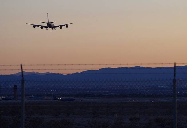 A tanker plane prepares to land at Nellis Air Force Base during Red Flag 13-3 exercises Wednesday evening, Feb. 27, 2013.