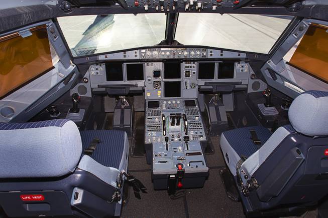 The cockpit is shown in a new Allegiant Air Airbus A319 passenger jet Thursday, Feb. 28, 2013, at McCarran International Airport.